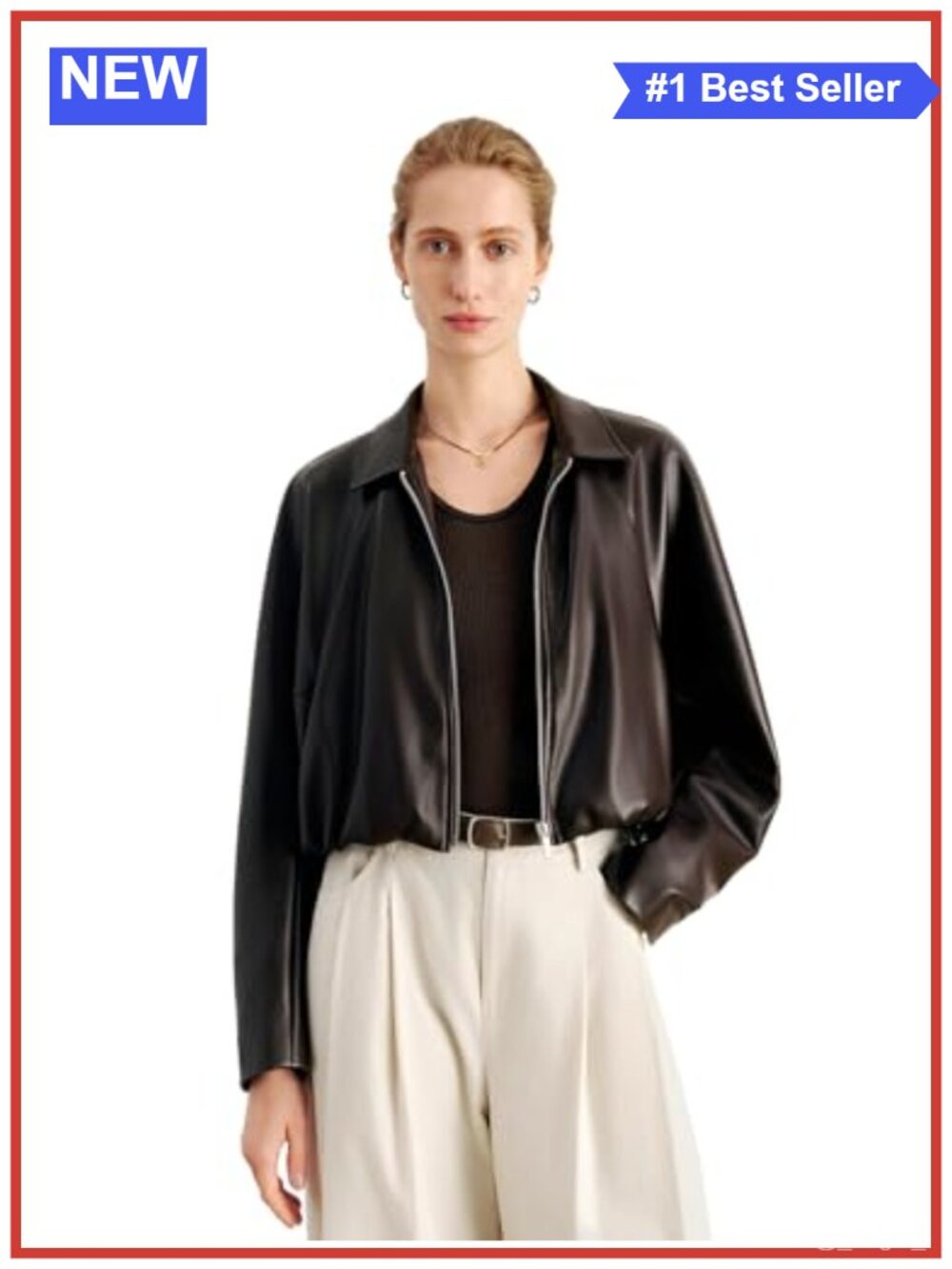 Faux Leather Cropped Moto Jacket Long Sleeve Stand Collar Casual